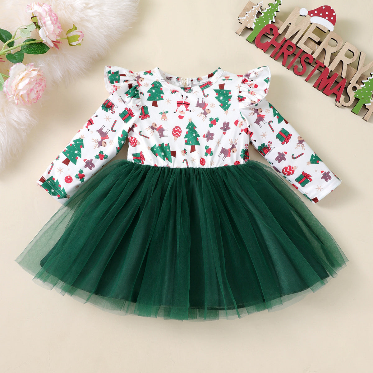 Christmas Printed Tulle Long Sleeve Dress for Girls, Holiday Party Dress with Tree Pattern