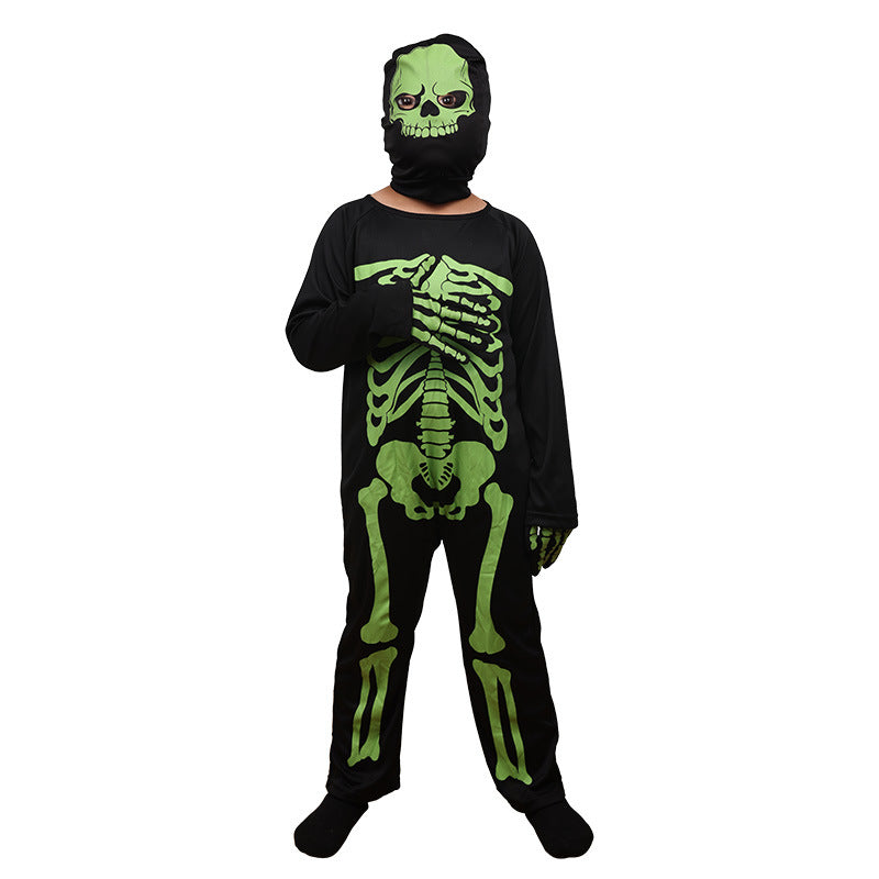 Glow in the Dark Skeleton Ghost Costume for Kids, front view on a white background