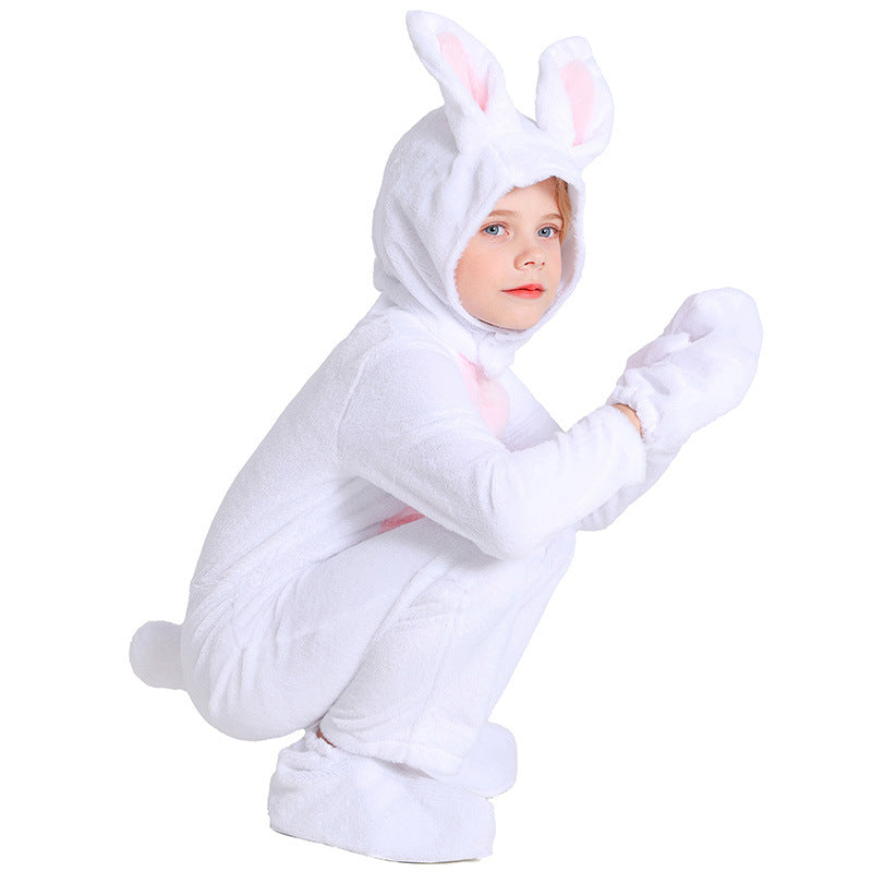 White Rabbit Plush Jumpsuit for Kids, front view on a white background