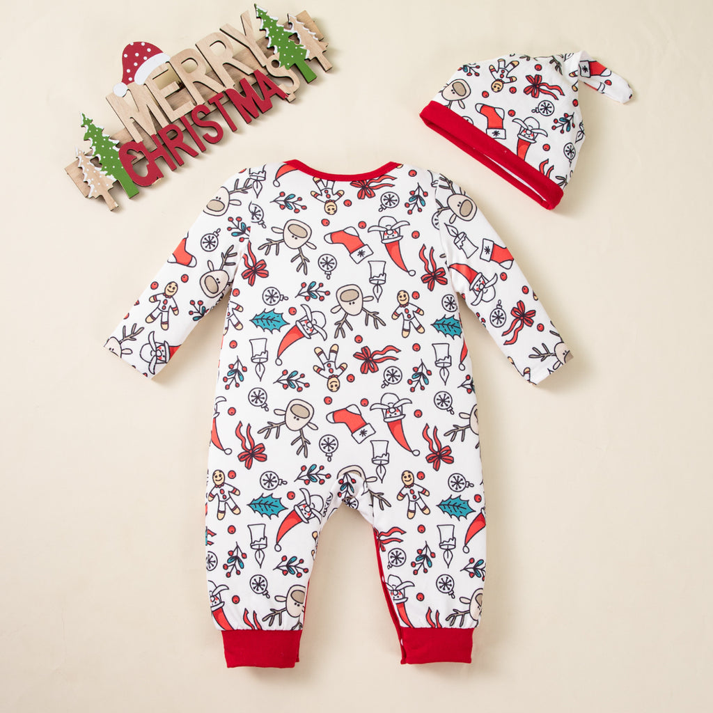 Christmas Children's Long Sleeve Baby Onesie with Hat Set, Full Print Christmas Elements Baby Romper, Holiday Outfit