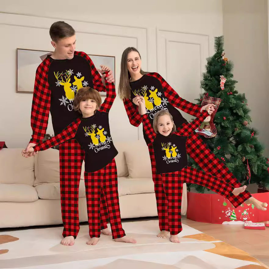 Deer Letter Plaid Christmas Family Matching Printed Loungewear Pajamas