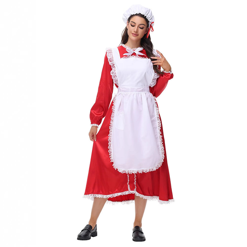 Christmas Maid Costume Women Red Long Dress Holiday Cosplay