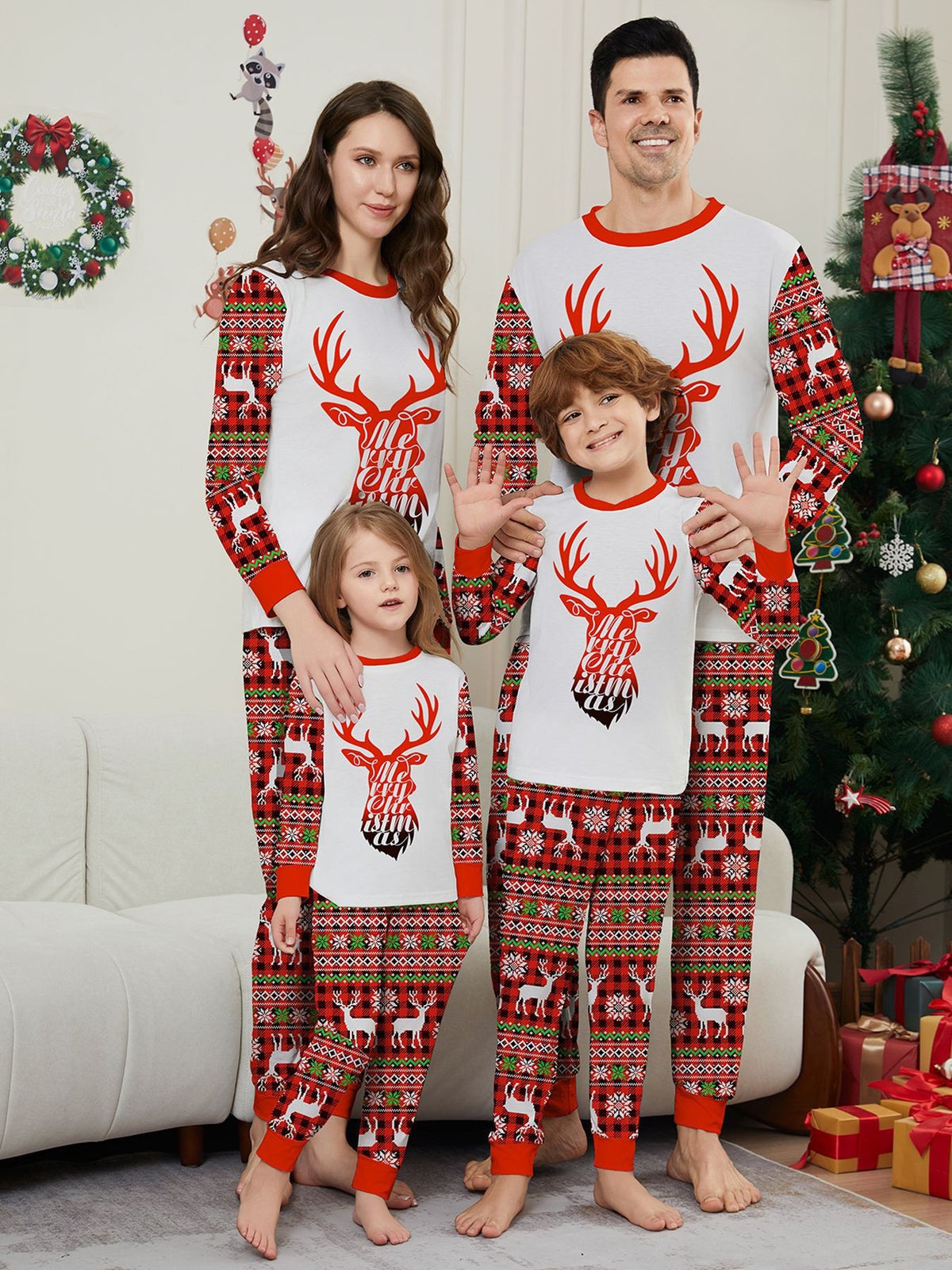 Christmas Deer Letter Snowflake Print Matching Family Pajamas Sleepwear European and American Style