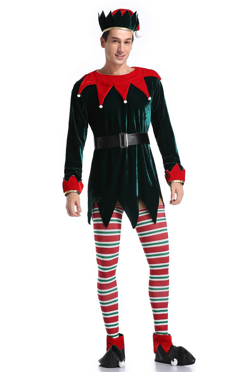 Christmas Elf Costume Men Adult Green Set Holiday Cosplay Outfit