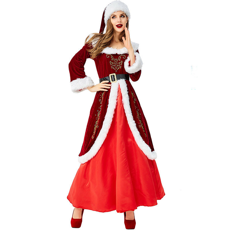 Christmas Queen Costume Wine Red Long Dress Parent Child Matching Holiday