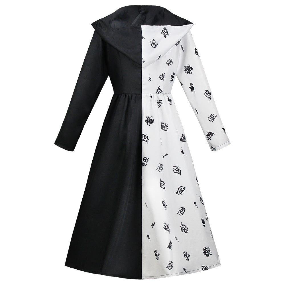 Cruella de Vil Costume Women Black White Dress 101 Dalmatians Halloween Cosplay