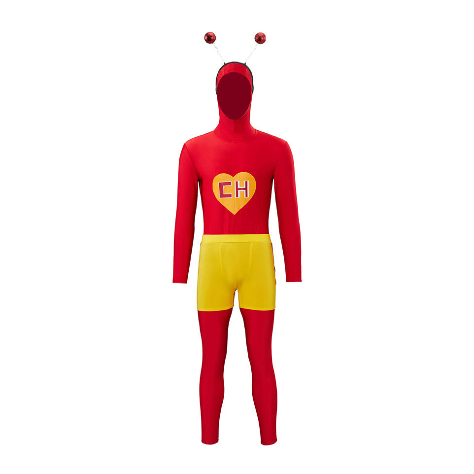 Red Grasshopper Superhero Costume for Adults, front view on a white background