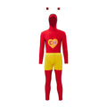 Red Grasshopper Superhero Costume for Adults, front view on a white background
