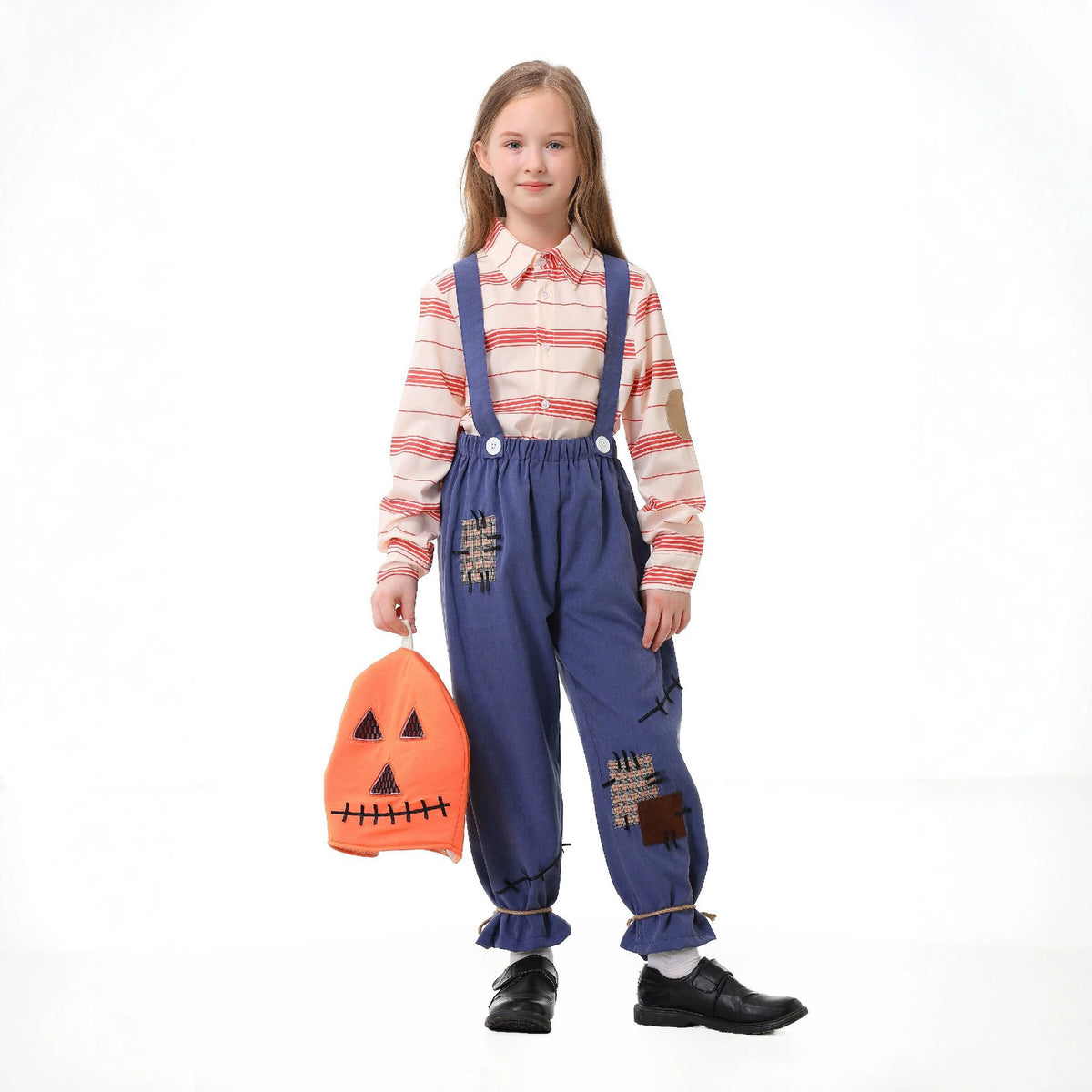 Pumpkin Zombie Scarecrow Overalls Costume for Kids and Adults, product photo 2 on a white background