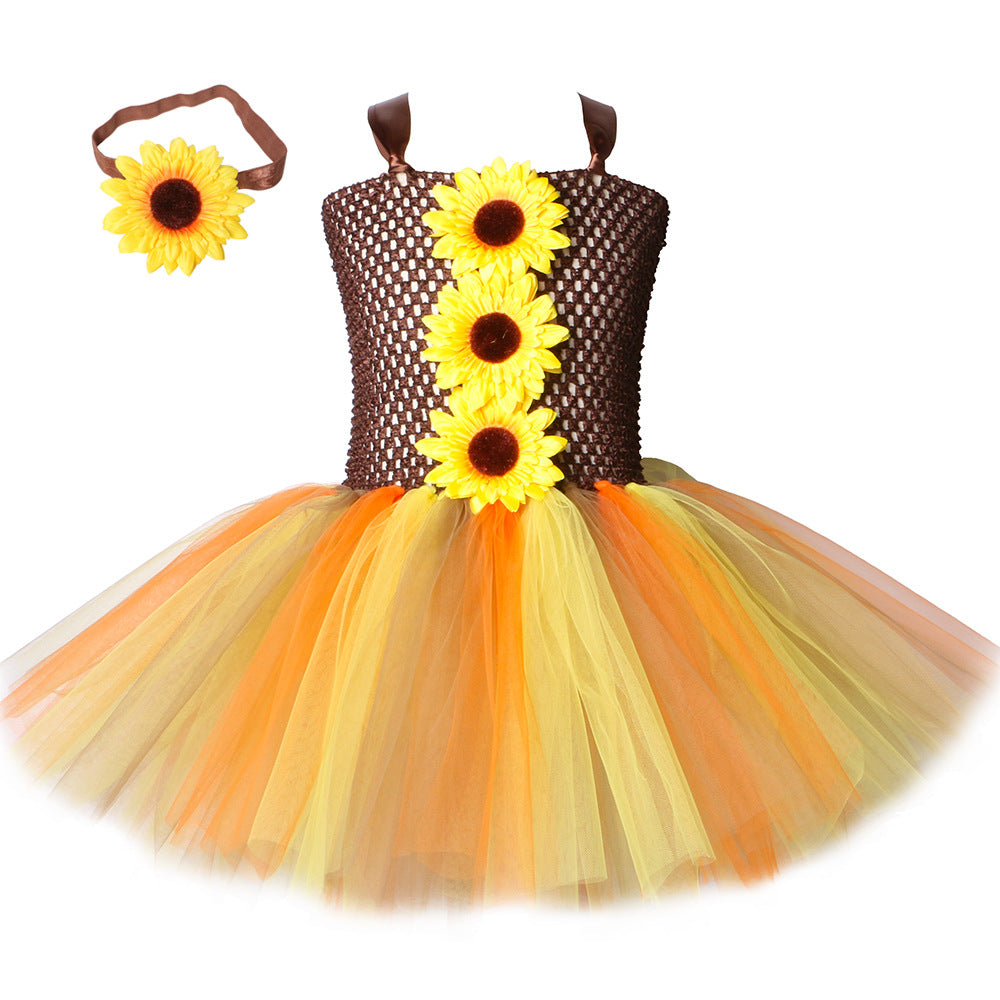 Sunflower Mesh Children's Dress Princess Tutu Dress Halloween Party Scarecrow