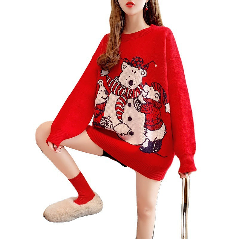 Christmas red women's mid length pullover sweater