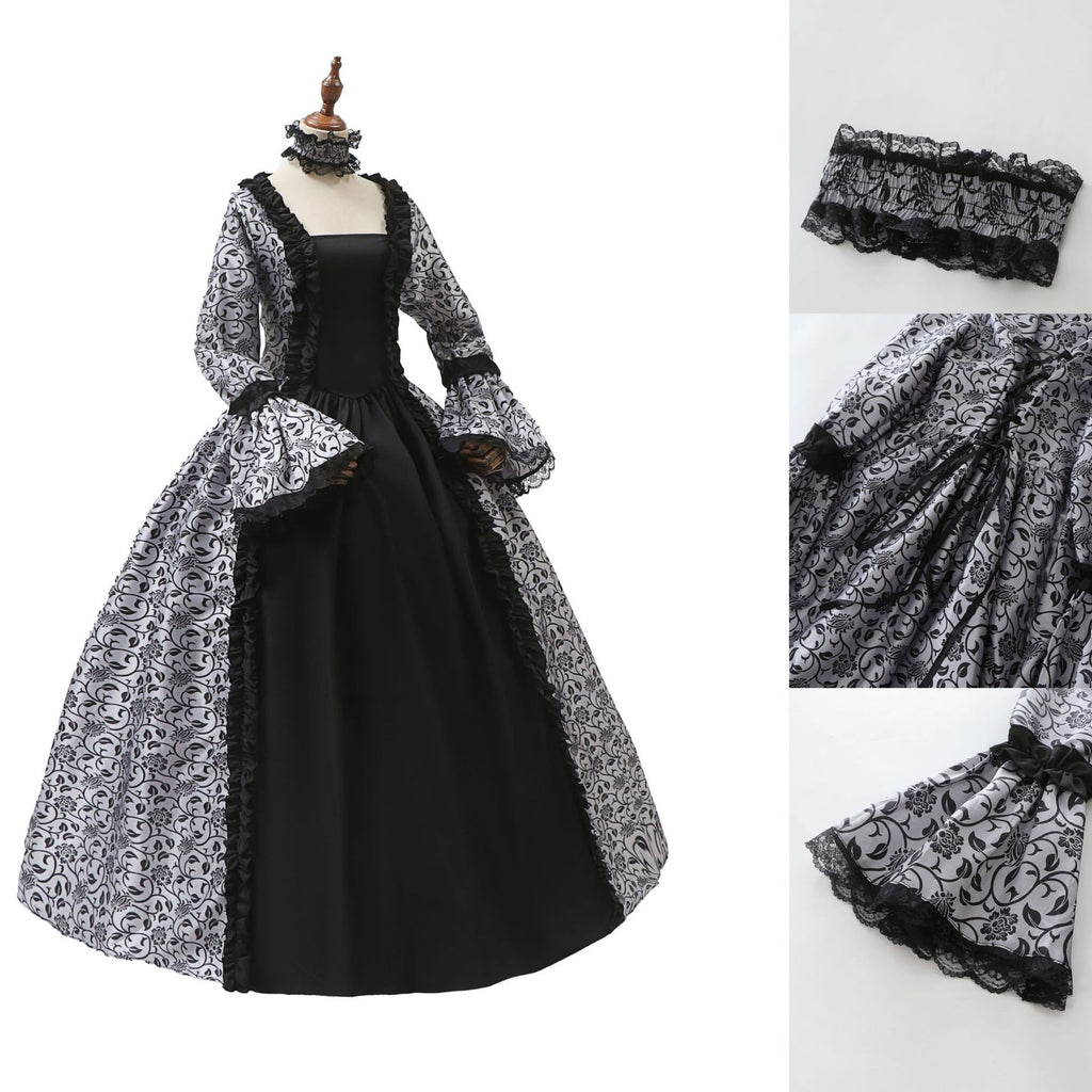 Victorian Costume Women Retro Dress Halloween Cosplay Vintage Gown – Black and White