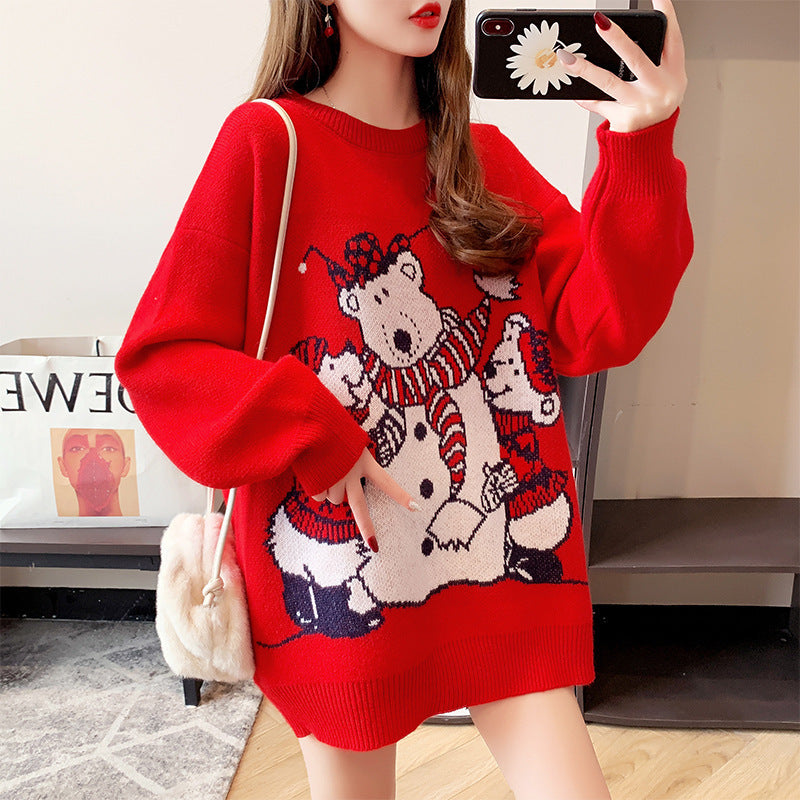 Christmas red women's mid length pullover sweater