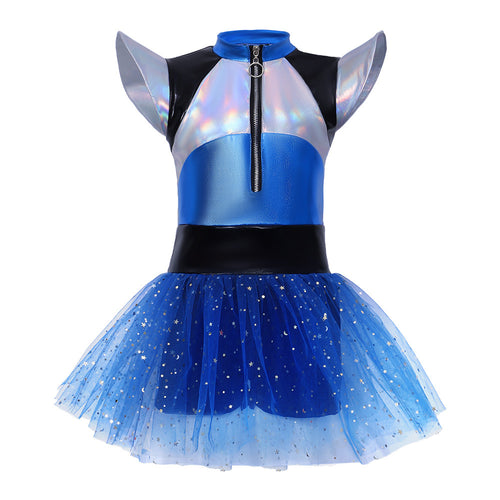 Alien Robot Cheerleader Tulle Skirt Costume for Girls, front view on a white background