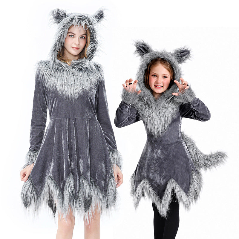 Werewolf Gray Wolf Costume for Kids and Adults, front view on a white background