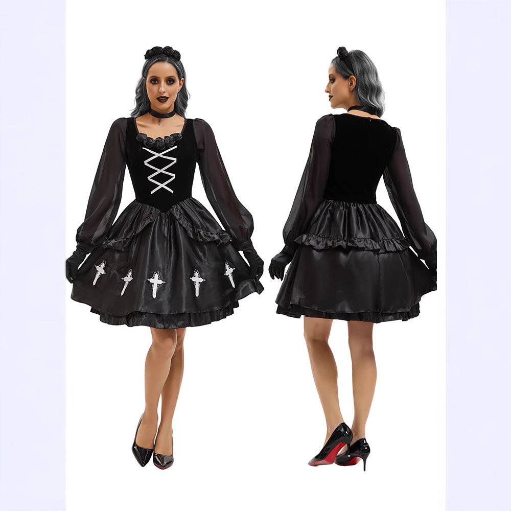 Gothic Ghost Bride Costume Women Black Witch Vampire Halloween Cosplay