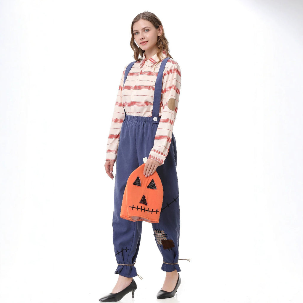 Pumpkin Zombie Scarecrow Overalls Costume for Kids and Adults, product photo 3 on a white background