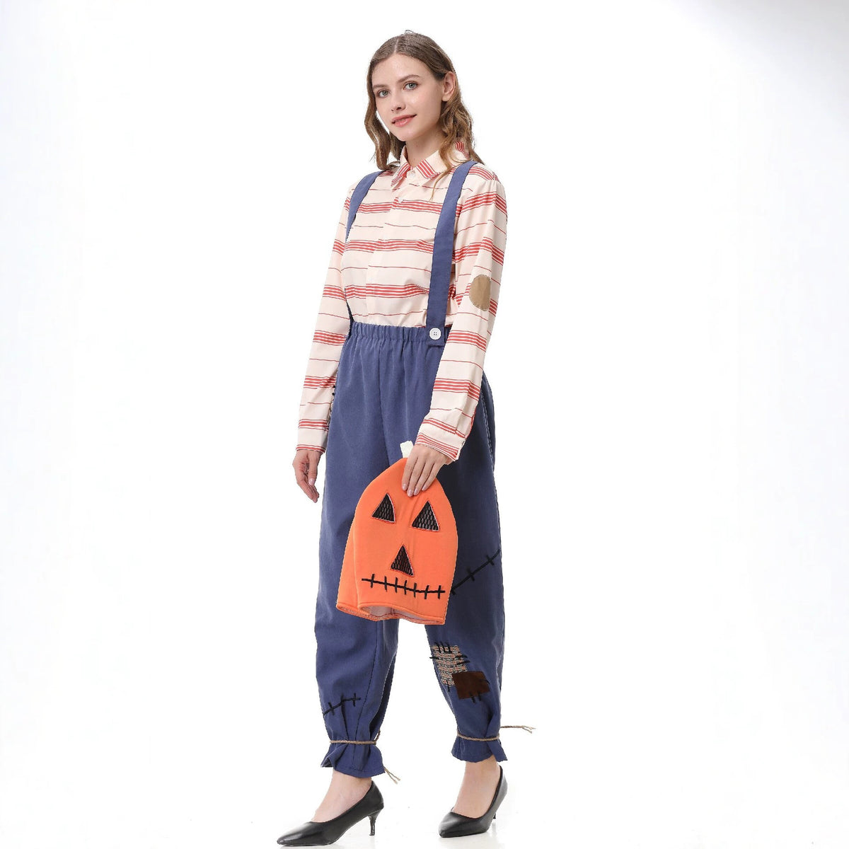 Pumpkin Zombie Scarecrow Overalls Costume for Kids and Adults, product photo 3 on a white background