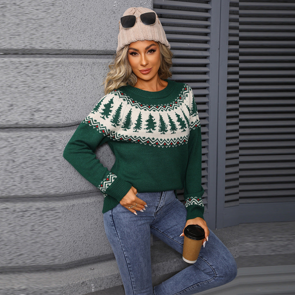 Christmas sweater round neck jacquard Christmas tree green sweater for women