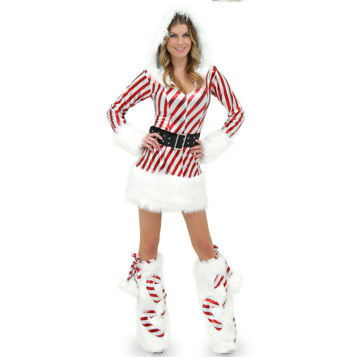 Striped Christmas Costume for Women, front view on a white background