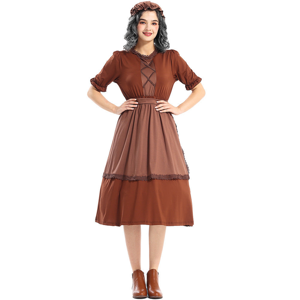 Colonial Pioneer Costume Deep Brown WolfCosplay Granny Maid Outfit with Lace
