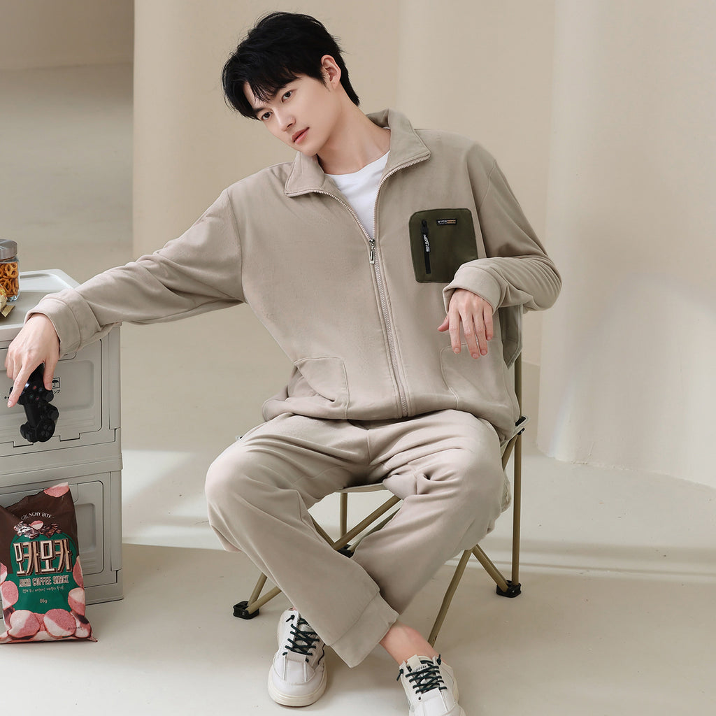 Men's thick and warm standing collar zipper home clothes in pajamas