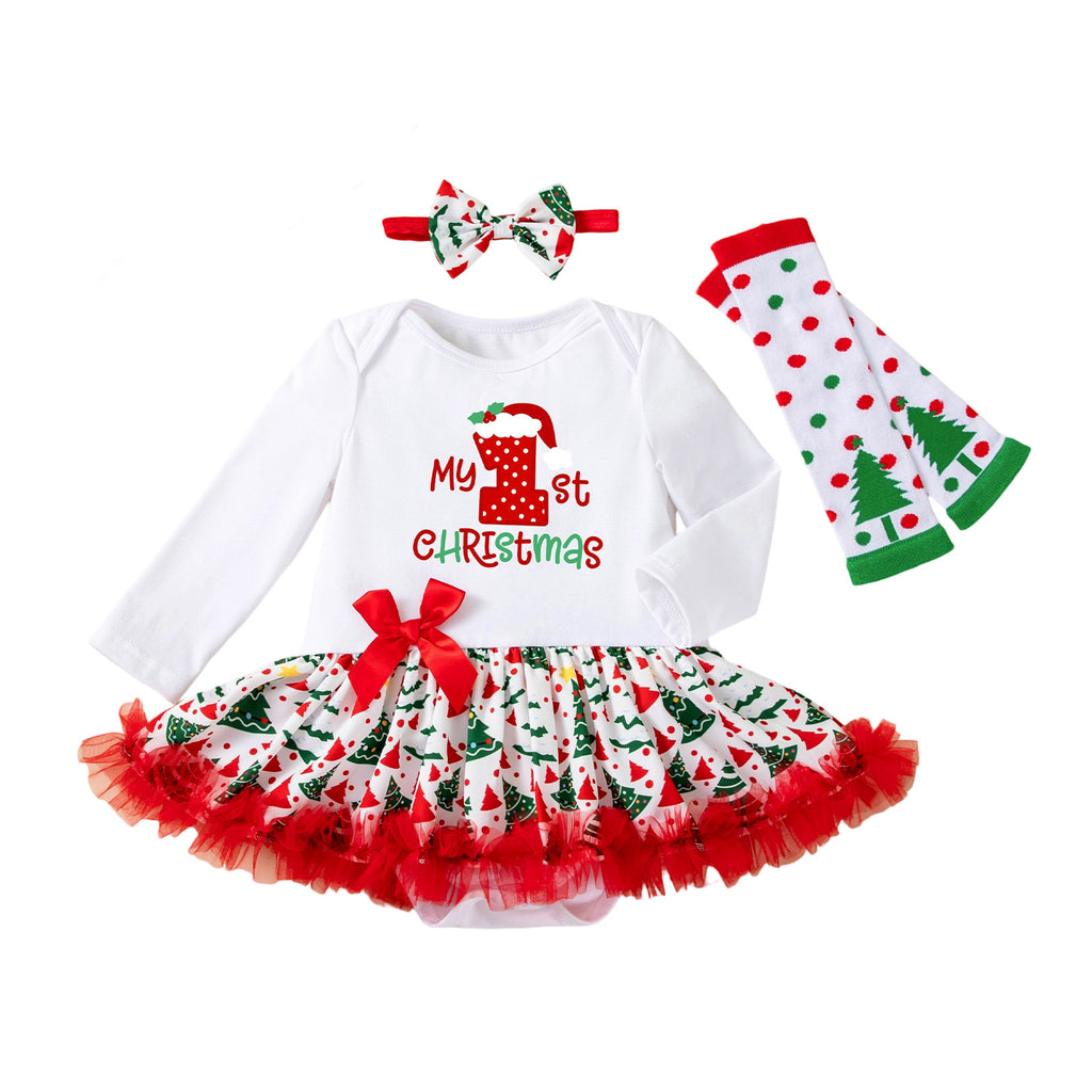 Christmas Children's Clothing Printed Christmas Theme Baby Girl Party Dress 3-Piece Set