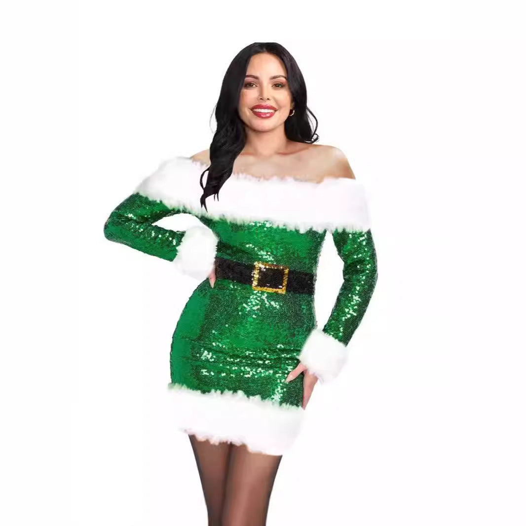 Christmas Red High-Waisted Faux Fur Costume Christmas Performance Outfit