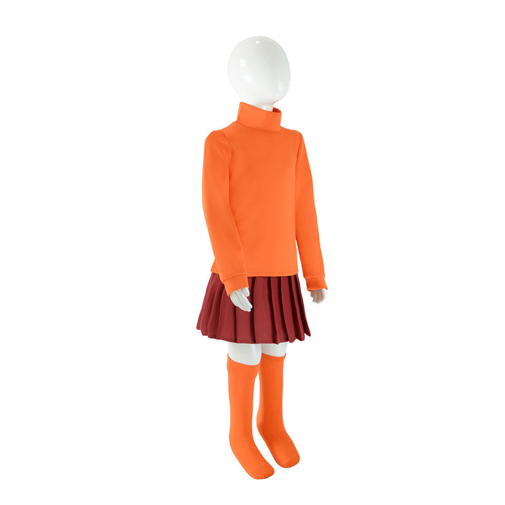 Orange Sweater Detective Costume for Girls, front view on a white background