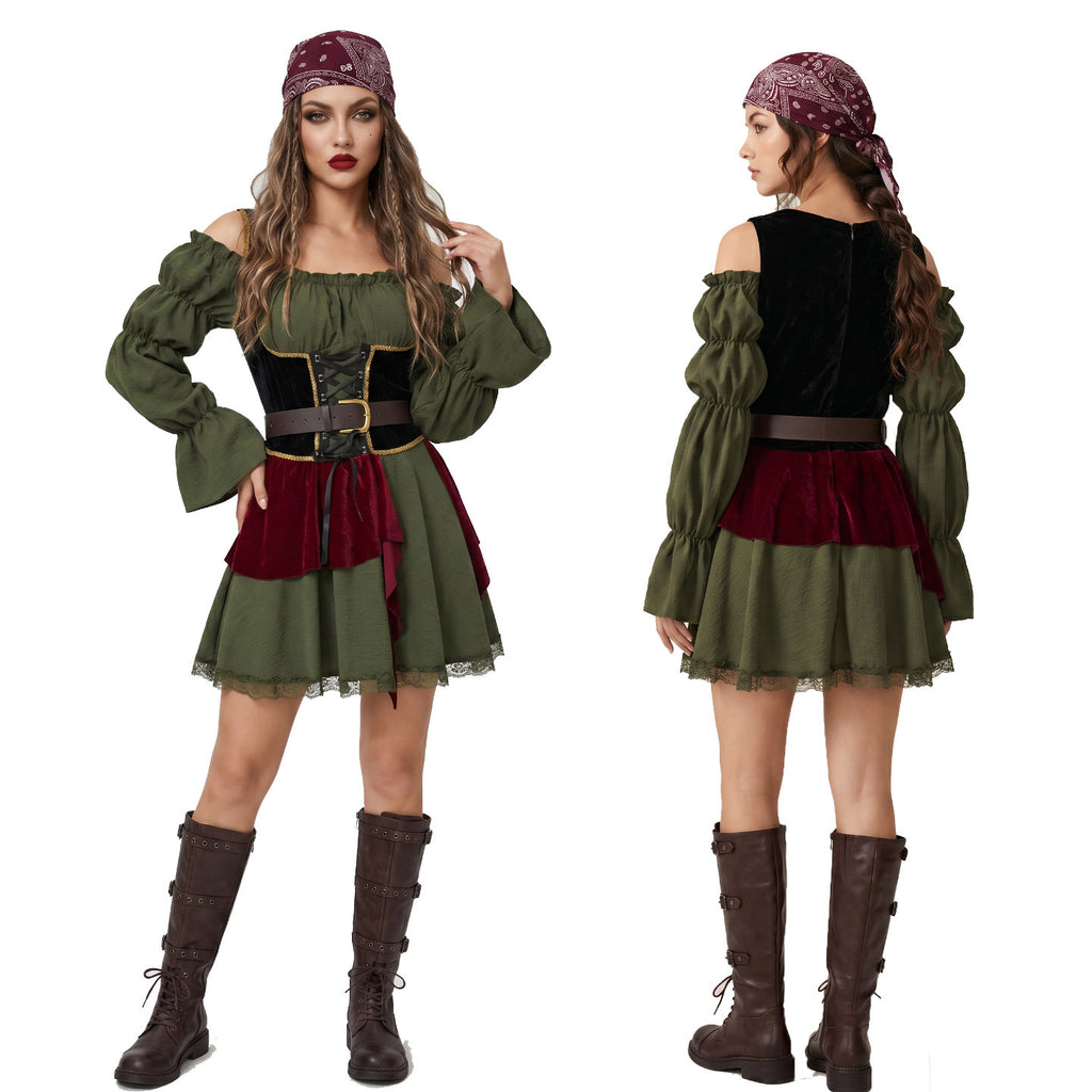 Caribbean Pirate Costume for Women, front view on a white background