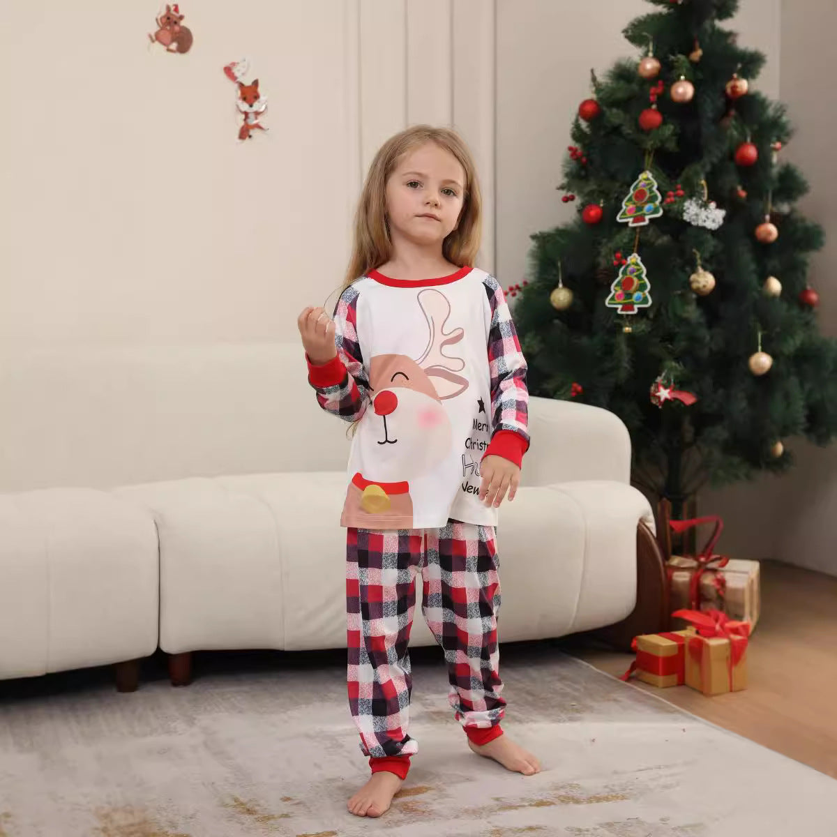Christmas Santa Claus Deer Letter Plaid Printed Family Matching Pajamas