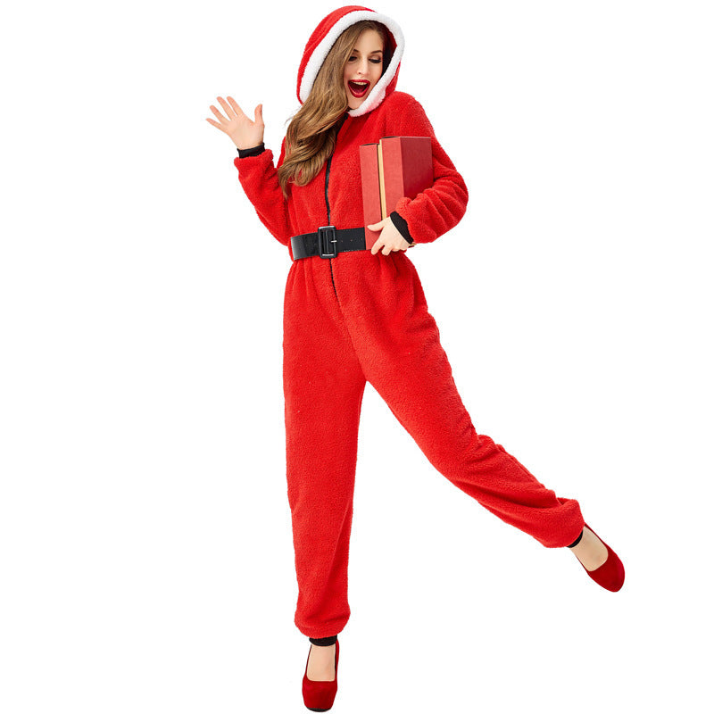 Adult women's red Christmas hooded jumpsuit Santa Claus