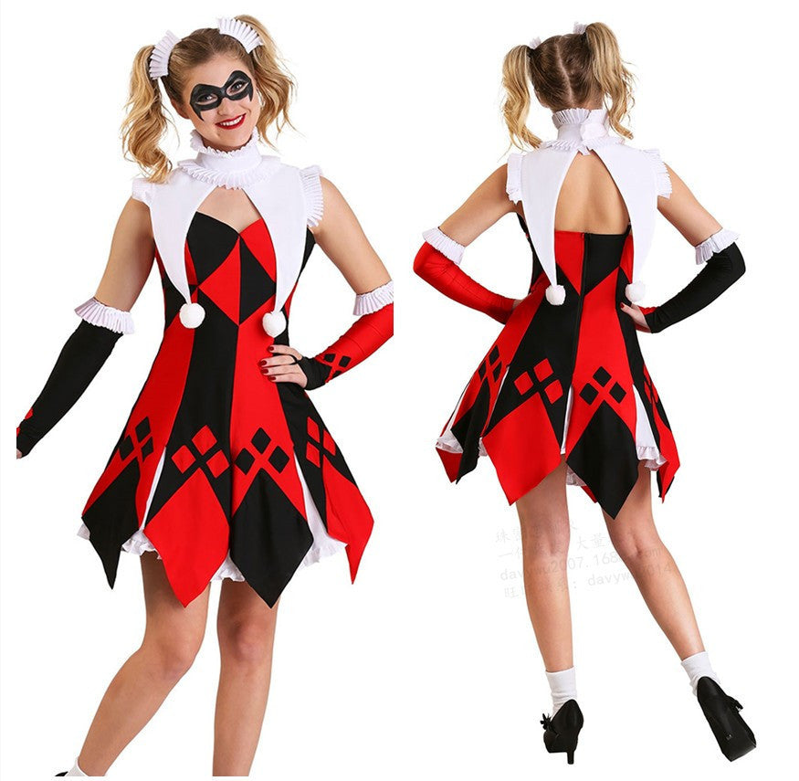 Revenant Circus Clown Costume for Women, front view on a white background