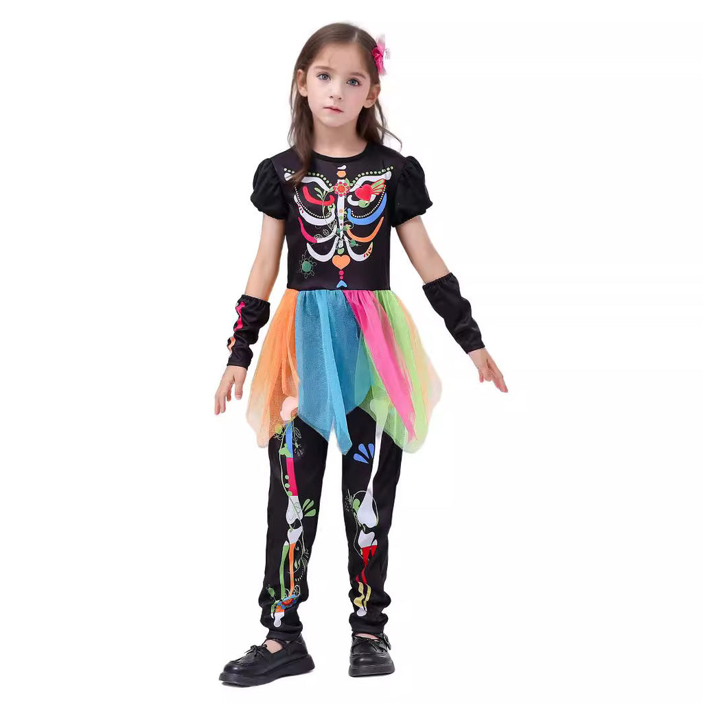 Day of the Dead Skeleton Princess Costume for Girls, front view on a white background