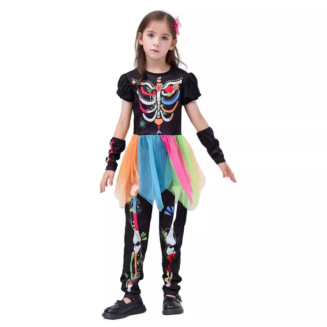 Day of the Dead Skeleton Princess Costume for Girls, front view on a white background
