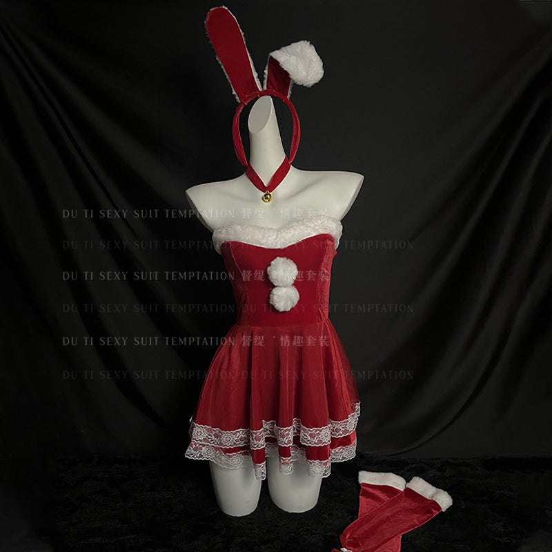 Christmas Bunny Costume Women Adult Velvet Dress Holiday Stage Outfit