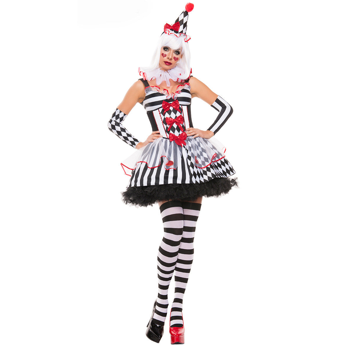 Circus Clown Costume for Women, front view on a white background