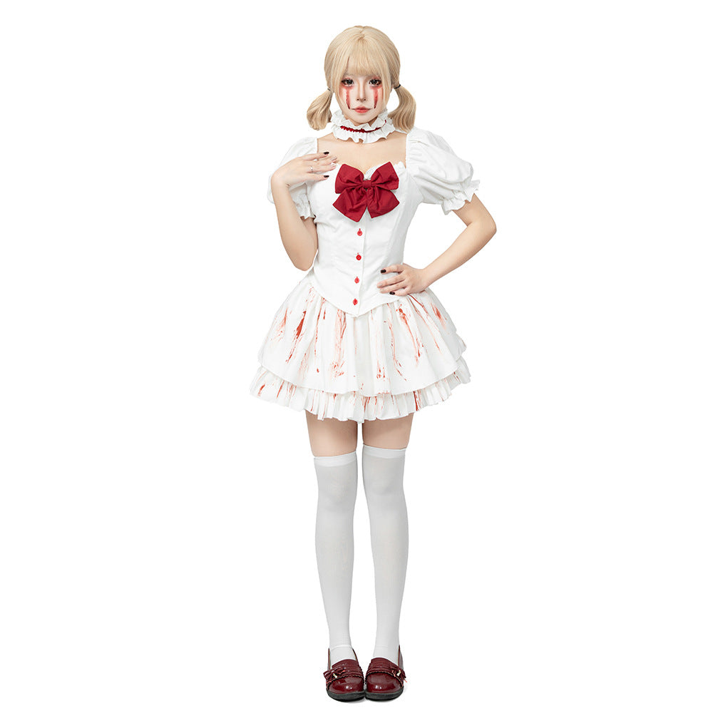 Bloody Doll Gothic Lolita Maid Costume for Women, front view on a white background