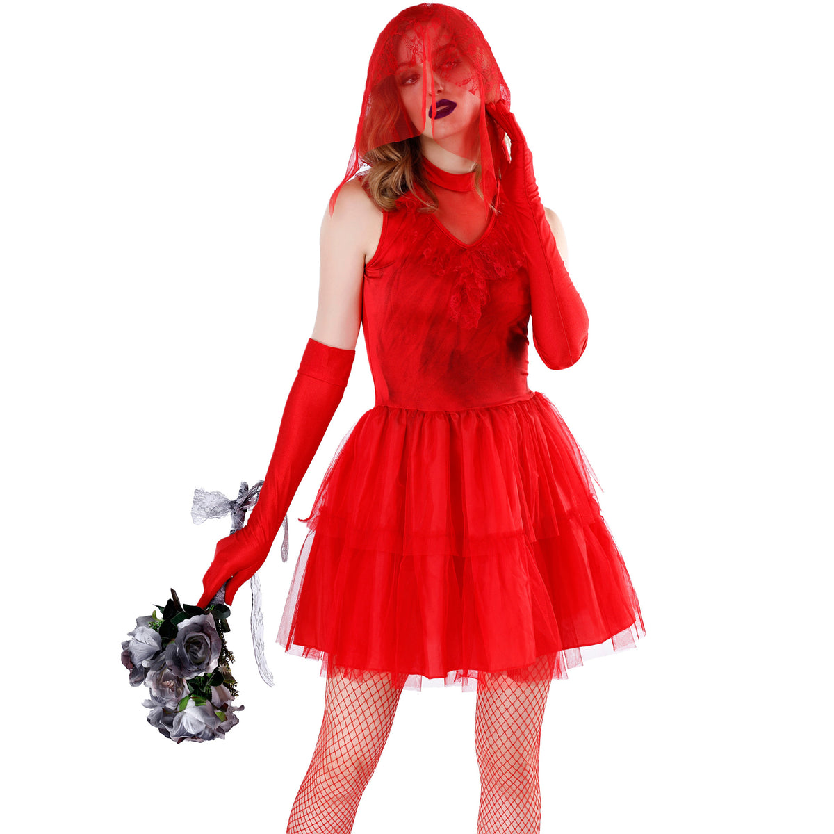 Red Ghost Bride Vampire Wedding Dress for Women, product photo 6 on a white background