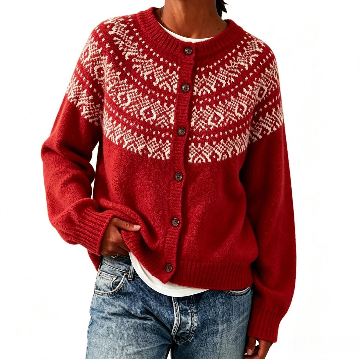 Round neck button Christmas sweater