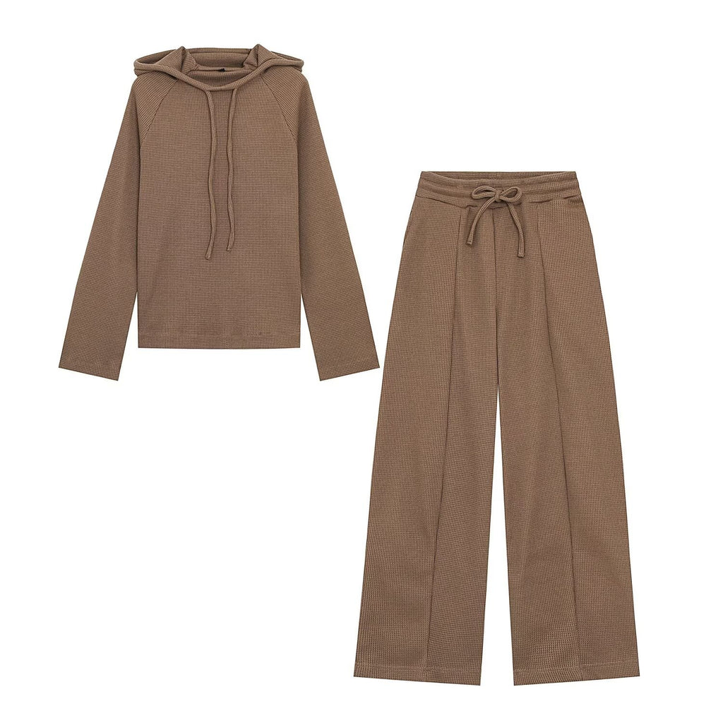 Structured Waffle Hooded Sweatshirt and Straight Wide Leg Casual Pants Set