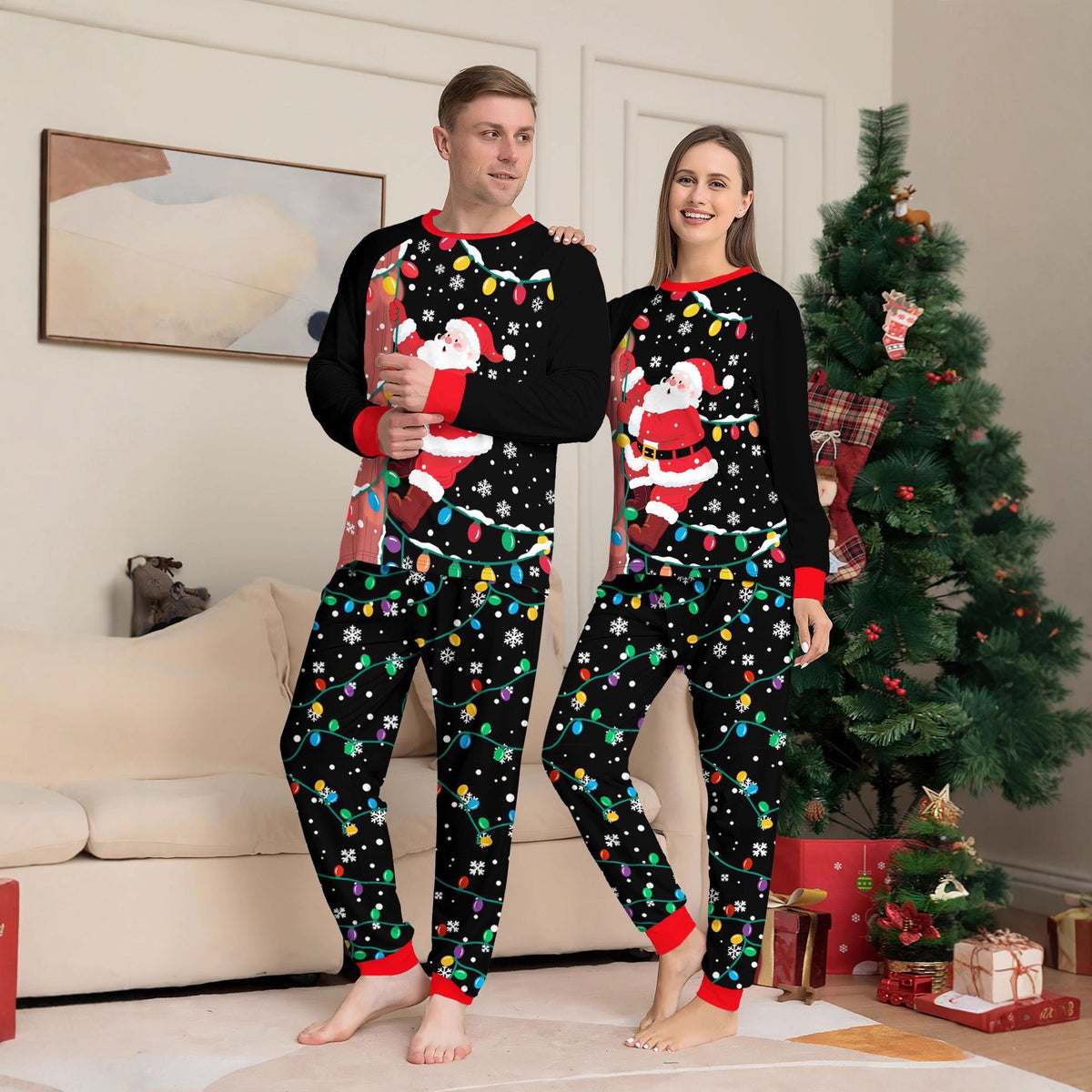 Family Christmas Pajamas  Black Printed Home Wear with Light-Up Design, Matching Parent-Child Outfits