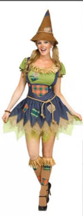 Scarecrow Costume Women Halloween Cosplay Outfit Plaid Dress – Green