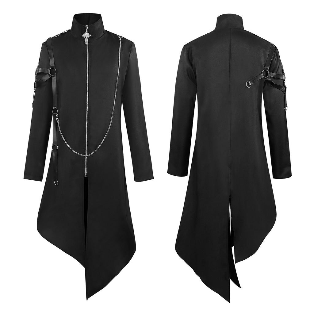 Medieval Renaissance Punk Gothic Long Coat Costume for Adults, product photo 2 on a white background
