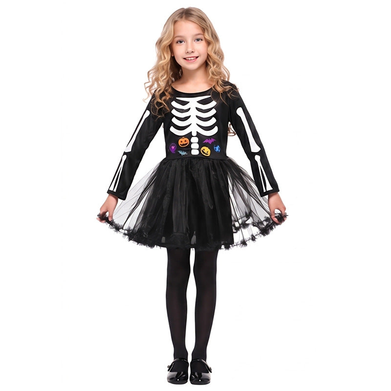 Devil Skeleton Grim Reaper Costume for Girls, front view on a white background