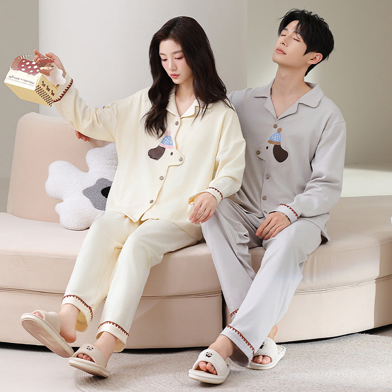 Two piece set of couple pajamas, lapel collar, couple home clothes