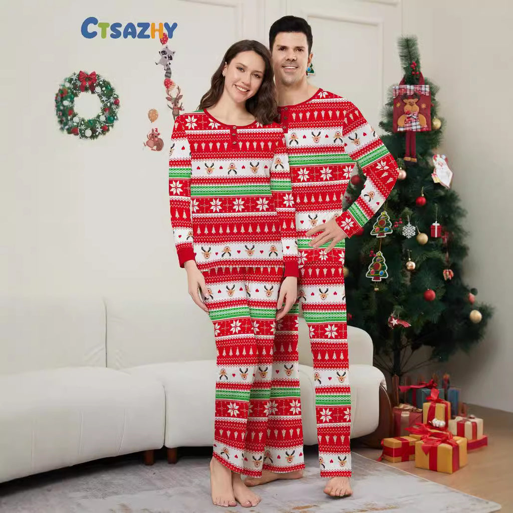 Christmas Deer Snowflake Stripe Printed Matching Family Pajamas Sleepwear