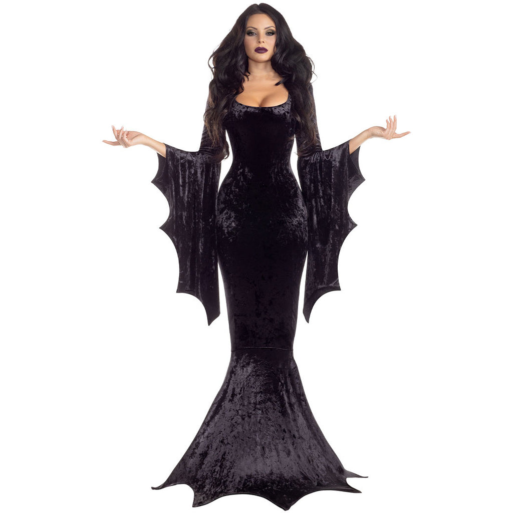 Bat Witch Ghost Bride Costume for Women, front view on a white background