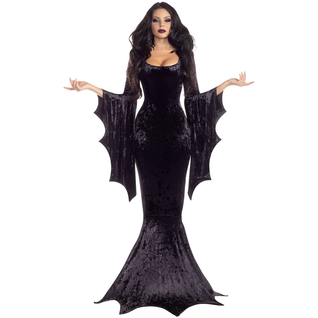 Bat Witch Ghost Bride Costume for Women, front view on a white background