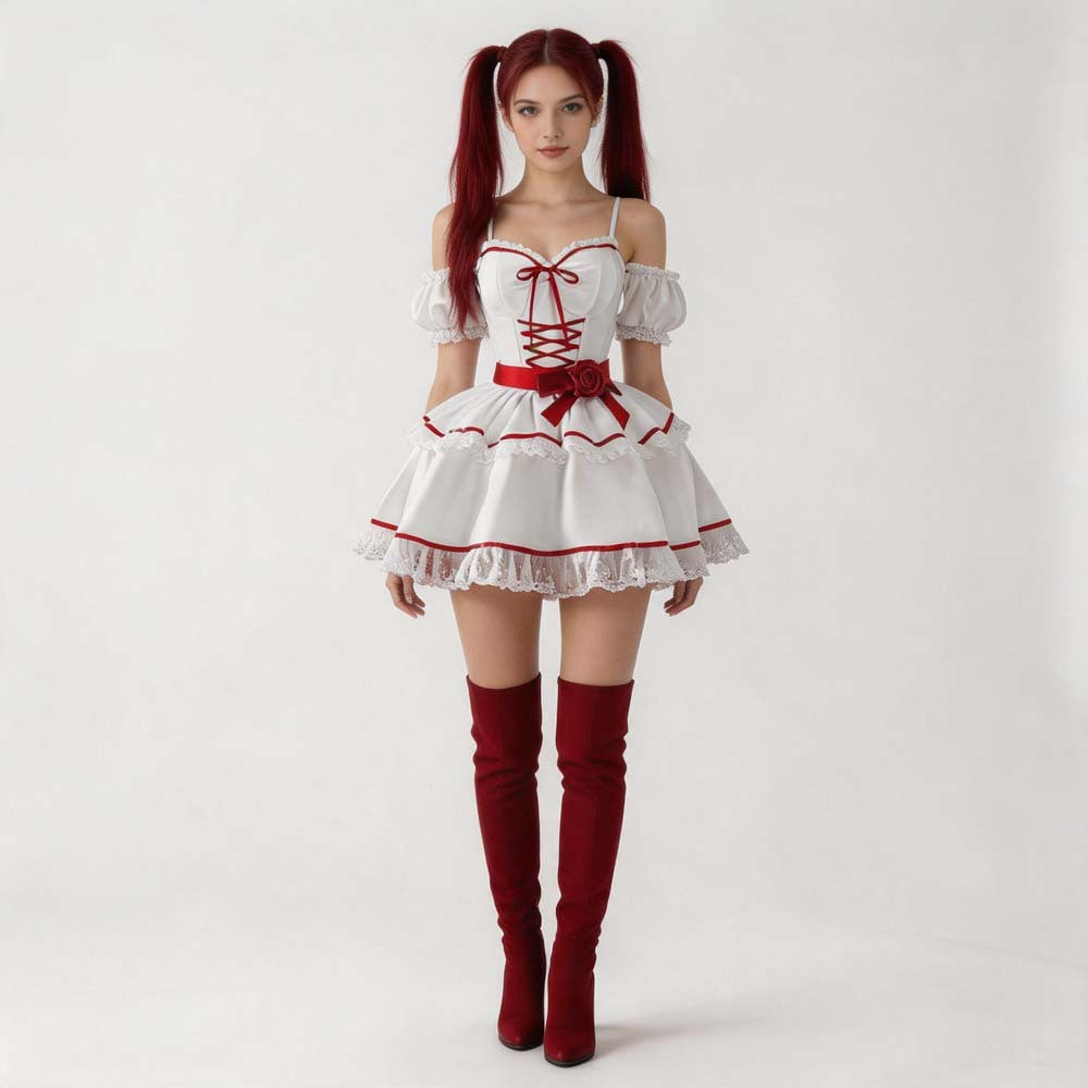 Annabelle Creepy Doll Costume for Women, front view on a white background